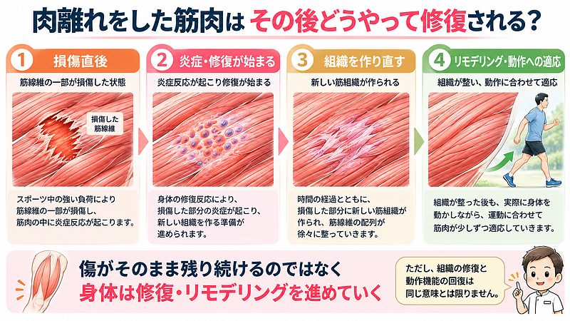 肉離れで傷ついた筋肉は、損傷した状態のまま残るのではなく、炎症反応から修復、組織の再構築、リモデリングへと進んでいきます。ただし、組織が修復することと動作機能が元の状態へ戻ることは分けて考える必要があります。 肉離れで傷ついた筋肉は、損傷した状態のまま残るのではなく、炎症反応から修復、組織の再構築、リモデリングへと進んでいきます。ただし、組織が修復することと動作機能が元の状態へ戻ることは分けて考える必要があります。