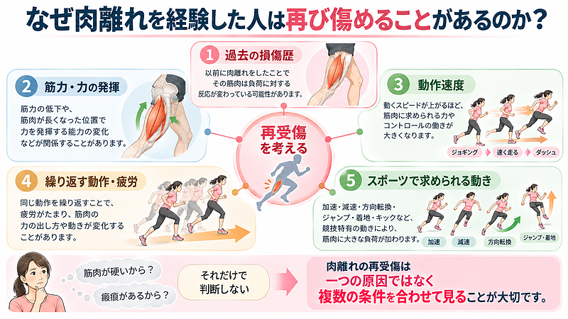 肉離れの再受傷は、筋肉の硬さや一つの要因だけで説明できるものではありません。過去の損傷歴、筋力や力の発揮、動作速度、疲労、スポーツで求められる動きなど、複数の条件を合わせて考えることが大切です。 肉離れの再受傷は、筋肉の硬さや一つの要因だけで説明できるものではありません。過去の損傷歴、筋力や力の発揮、動作速度、疲労、スポーツで求められる動きなど、複数の条件を合わせて考えることが大切です。