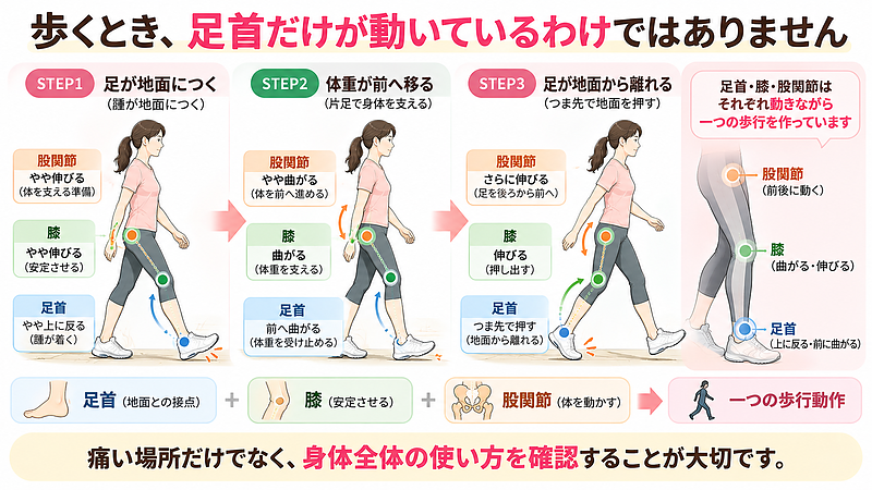 歩行では足首・膝・股関節がそれぞれ動いて一つの動作を作るため、足首だけでなく下肢全体の使い方を確認します。