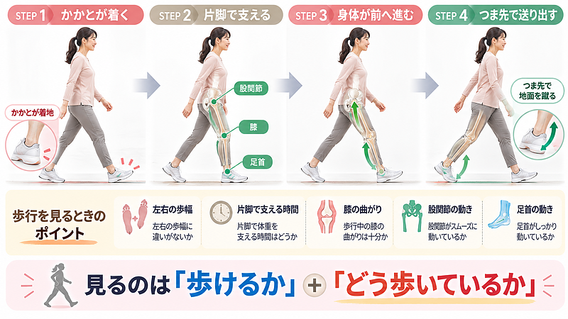 歩行時のかかとの接地からつま先での蹴り出しまで、股関節・膝・足首の連動や左右の歩幅などを確認するポイントを示した図。
