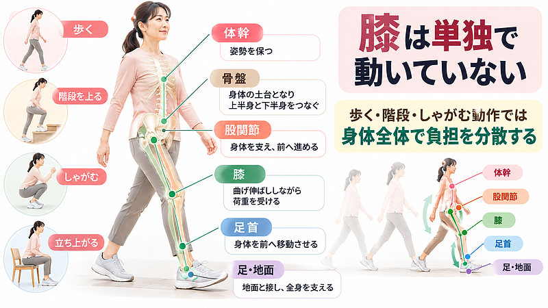 歩行や階段、しゃがむ動作では、膝だけでなく体幹・骨盤・股関節・足首・足まで身体全体が連動していることを示した図。