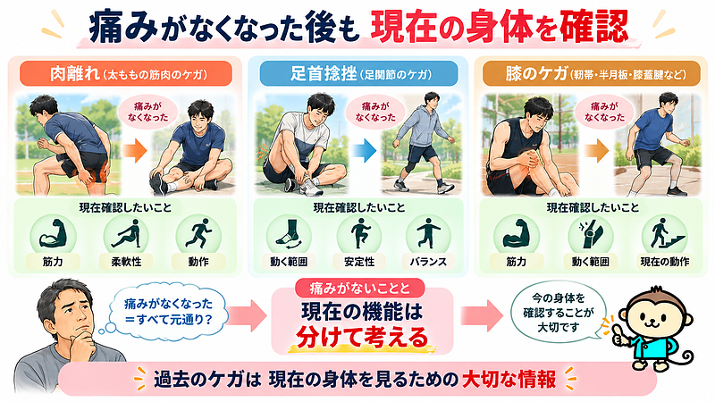 肉離れ・足首捻挫・膝のケガは、痛みがなくなったことだけで現在の状態まで判断できるとは限りません。筋力や動く範囲、安定性、現在の動作なども合わせて確認します。 肉離れ・足首捻挫・膝のケガは、痛みがなくなったことだけで現在の状態まで判断できるとは限りません。筋力や動く範囲、安定性、現在の動作なども合わせて確認します。