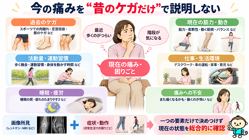 現在の痛みや動きにくさは、過去のケガだけでなく、現在の筋力や活動量、生活環境、睡眠など複数の要素と関係する可能性があります。一つの要素だけで決めつけず総合的に考えます。 現在の痛みや動きにくさは、過去のケガだけでなく、現在の筋力や活動量、生活環境、睡眠など複数の要素と関係する可能性があります。一つの要素だけで決めつけず総合的に考えます。