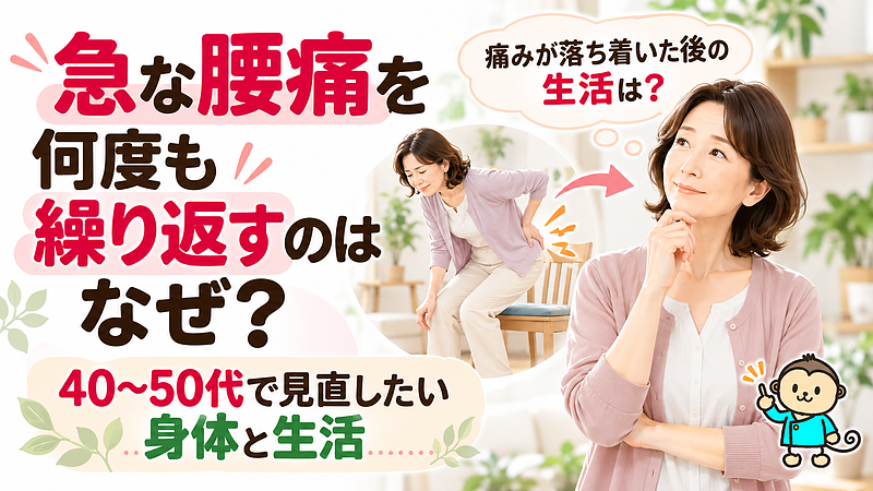 急な腰痛やぎっくり腰を何度も繰り返すのはなぜでしょうか。40〜50代で見直したい身体の動きや生活習慣、痛みが落ち着いた後の過ごし方、再発予防について解説します。 急な腰痛やぎっくり腰を何度も繰り返すのはなぜでしょうか。40〜50代で見直したい身体の動きや生活習慣、痛みが落ち着いた後の過ごし方、再発予防について解説します。