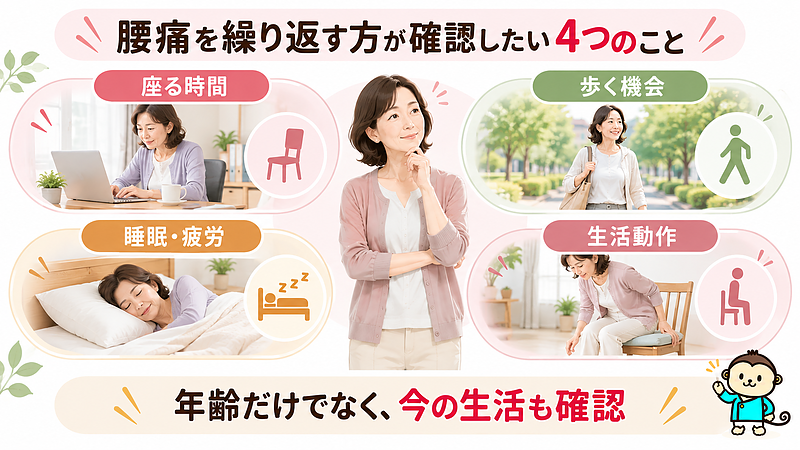 40〜50代で腰痛を繰り返す場合、年齢だけでなく、座る時間や歩く機会、睡眠・疲労、日常動作など、現在の身体と生活をさまざまな視点から確認することが大切です。 40〜50代で腰痛を繰り返す場合、年齢だけでなく、座る時間や歩く機会、睡眠・疲労、日常動作など、現在の身体と生活をさまざまな視点から確認することが大切です。