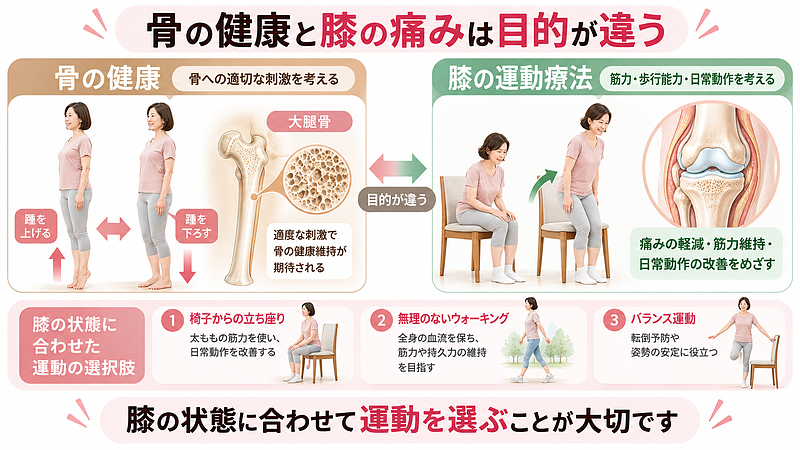 骨の健康を維持する運動と、変形性膝関節症の痛みに対応する運動では目的が異なります。膝に痛みがある場合は、現在の身体に合った運動を選ぶことが大切です。