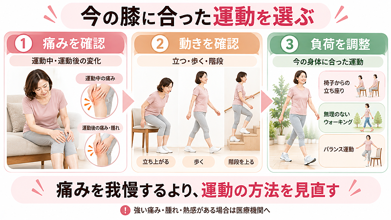 膝の痛みがある場合は、運動中や運動後の症状、立ち上がりや歩行などの動作を確認しながら、現在の膝に合った運動負荷へ調整することが大切です。