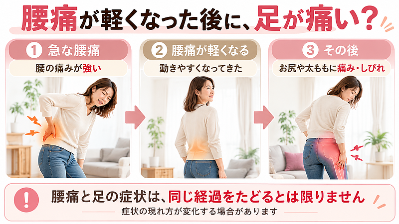 急な腰痛が軽くなった後、お尻や太ももに痛み・しびれが現れることがあります。腰痛と足の症状は必ずしも同じ経過をたどるわけではなく、症状の現れ方が時間とともに変化する場合があります。