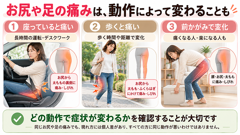 お尻や足の痛み・しびれは、長時間の運転やデスクワーク、歩行、前かがみなどの動作によって変化することがあります。どの姿勢や動作で症状が強くなるのか、反対に楽になるのかを確認することが大切です。