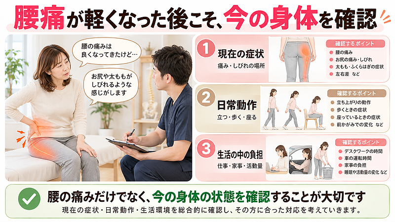 腰痛が軽くなった後もお尻や足に違和感がある場合は、現在の症状だけでなく、立つ・歩く・座るといった日常動作や生活の中での負担を確認することが大切です。大分駅前整体院では、今の身体の状態に合わせたケアを考えています。