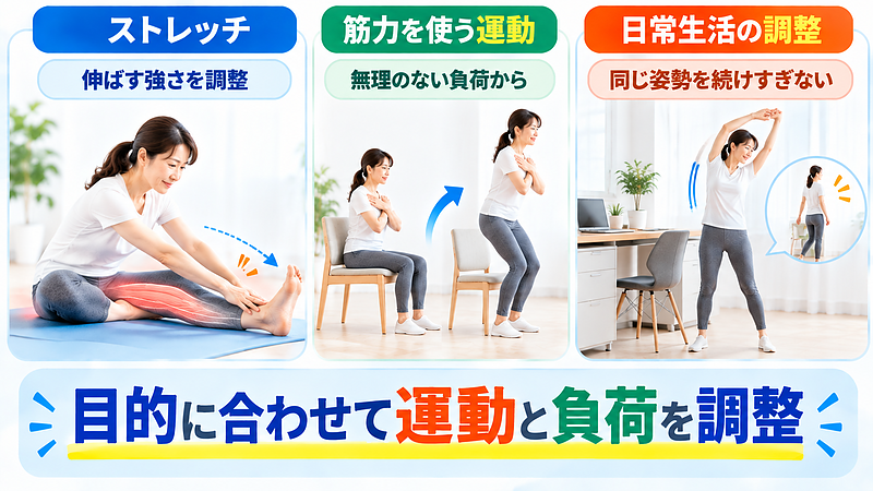可動域が十分にある場合、さらに筋肉を伸ばすことだけが必要とは限りません。身体の状態に合わせた運動や日常生活での負荷調整も大切です。