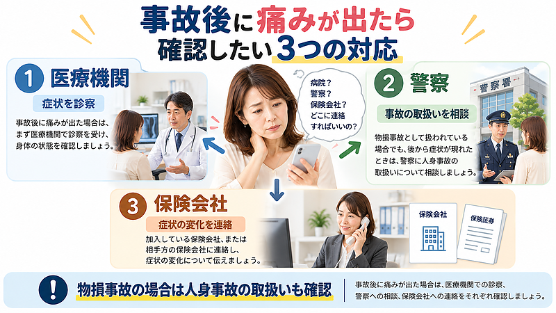 交通事故後に痛みが出た場合の医療機関での診察、警察への相談、保険会社への連絡という3つの対応をわかりやすく整理したイラスト。 交通事故後に痛みが出た場合の医療機関での診察、警察への相談、保険会社への連絡という3つの対応をわかりやすく整理したイラスト。