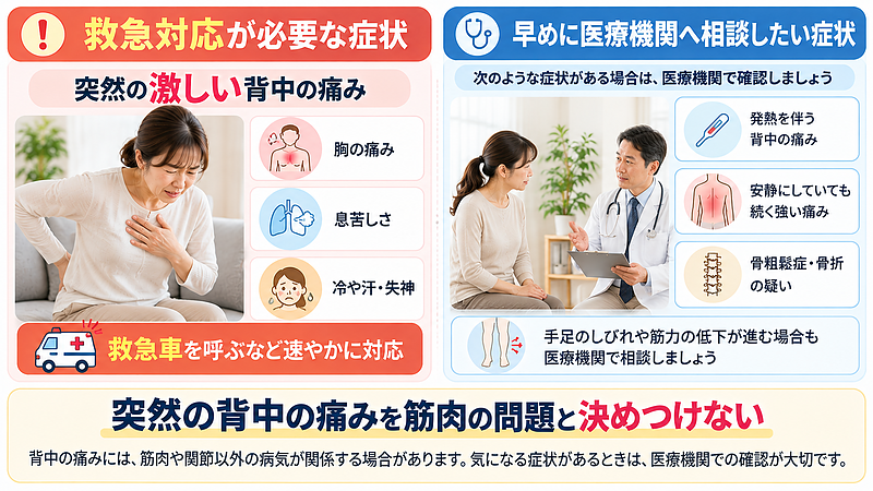 突然の背中の痛みで救急対応が必要な症状と、早めに医療機関へ相談したい症状を示した画像。激しい背中の痛みや胸痛、息苦しさ、発熱、骨折の疑いなどがある場合は、筋肉の問題と決めつけず適切な医療機関で確認することが重要です。 突然の背中の痛みで救急対応が必要な症状と、早めに医療機関へ相談したい症状を示した画像。激しい背中の痛みや胸痛、息苦しさ、発熱、骨折の疑いなどがある場合は、筋肉の問題と決めつけず適切な医療機関で確認することが重要です。