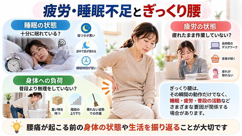 ぎっくり腰の発症には、疲労を感じながらの作業や普段より大きな身体への負荷などが関係する場合があります。睡眠の状態も含め、腰痛が起こる前の生活や身体の状態を振り返ることが大切です。 ぎっくり腰の発症には、疲労を感じながらの作業や普段より大きな身体への負荷などが関係する場合があります。睡眠の状態も含め、腰痛が起こる前の生活や身体の状態を振り返ることが大切です。