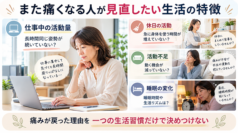 症状が再び気になる場合は、仕事や家事による活動量の変化、運動不足、睡眠の状態などを振り返ることが大切です。生活習慣だけで原因を決めつけず、身体の状態と合わせて確認します。