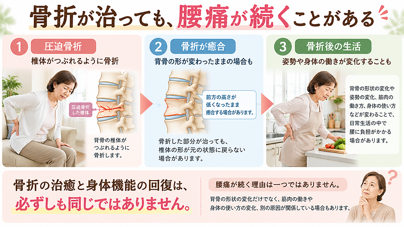 椎体圧迫骨折では、骨折が癒合しても背骨の形状や身体機能が元に戻るとは限りません。骨折から治癒後の生活までを通して、腰痛が続く背景を説明しています。