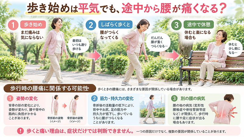 圧迫骨折後、歩き始めは平気でも、しばらく歩くと腰が痛くなる場合があります。歩行中の症状の変化と、姿勢や筋力・持久力などが関係する可能性を説明しています。