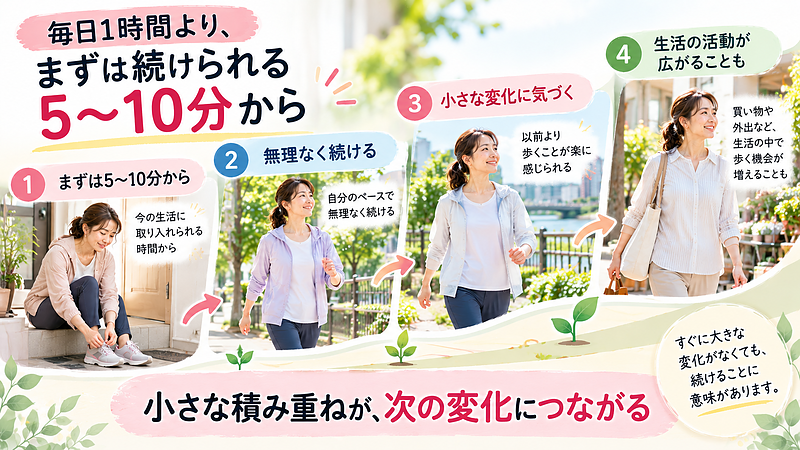 最初から長時間の運動を目指す必要はありません。まずは5〜10分程度から無理なく始め、小さな変化を積み重ねることが、日常生活での活動の広がりにつながる場合があります。