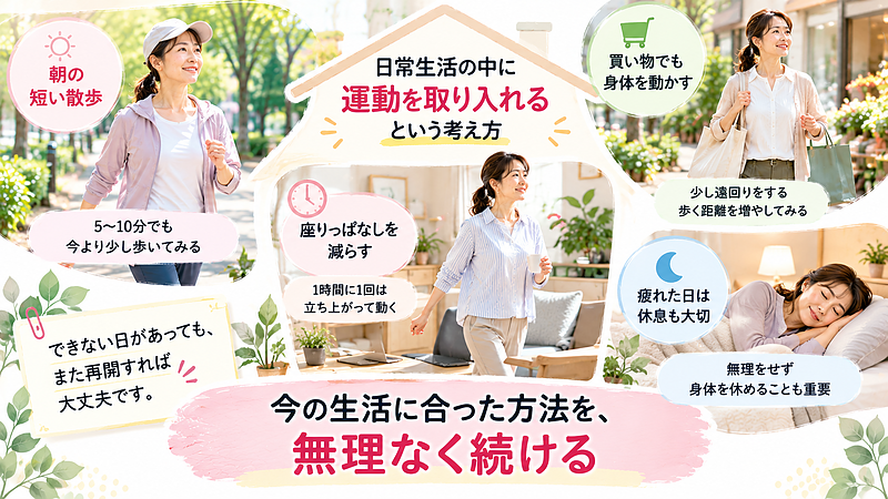 散歩や買い物、座り仕事の合間など、日常生活にも身体を動かす機会があります。休息も大切にしながら、自分の生活に合った方法を無理なく継続しましょう。