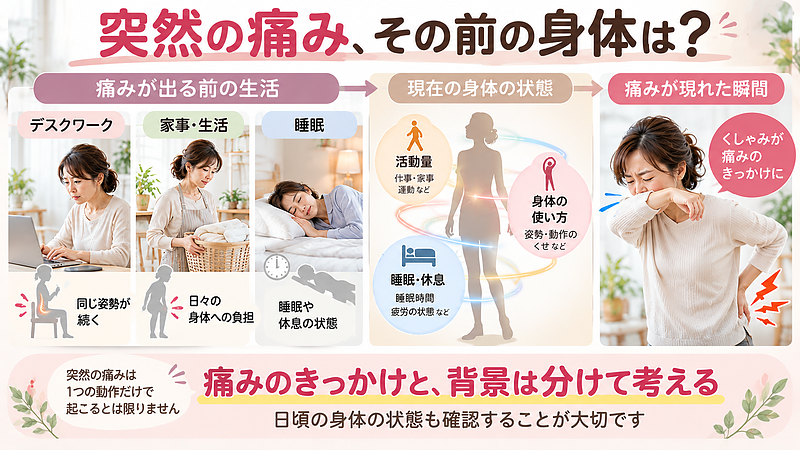 突然の背中や腰の痛みには、日頃の身体への負担や活動量、睡眠などが関係する場合があります。痛みが出た瞬間の動作だけでなく、それまでの身体の状態にも目を向けることが大切です。