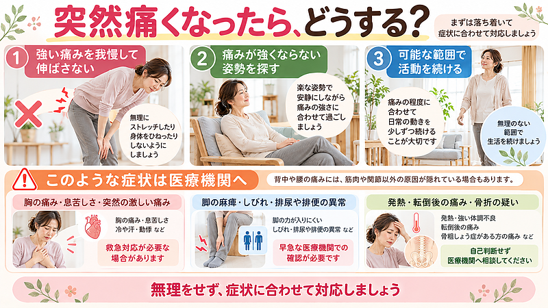 突然背中や腰が痛くなったときは、無理なストレッチを避け、症状に合わせて活動量を調整することが大切です。胸痛や息苦しさ、脚の麻痺などを伴う場合は、速やかに医療機関で確認しましょう。