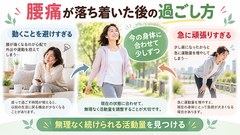 腰痛が落ち着いた後は、身体を動かすことを避けすぎず、急に頑張りすぎないことが大切です。現在の身体の状態に合わせて、無理なく続けられる活動量を見つけましょう。