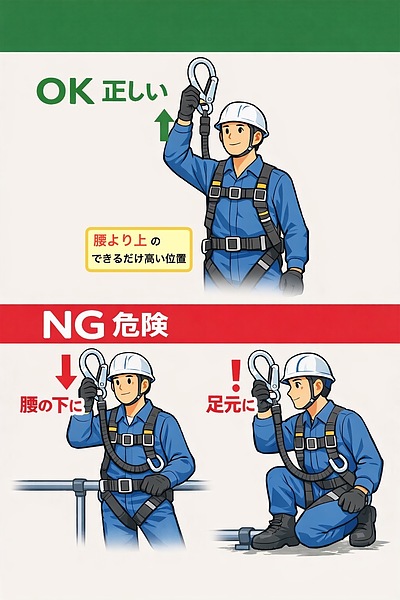 フックを掛ける位置で「落下距離」と「衝撃」は大きく変わる