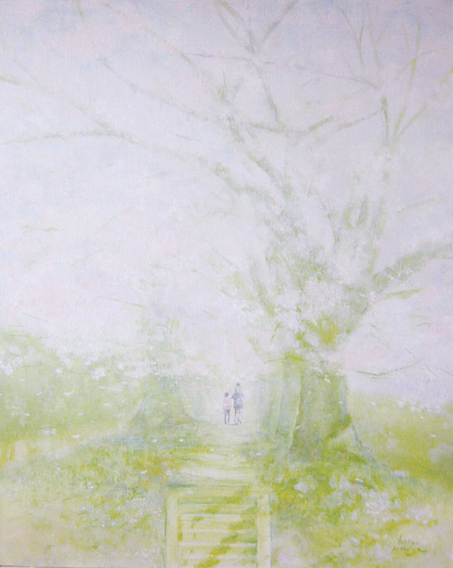 幸せな風景～桜木の下で～：F10・油絵