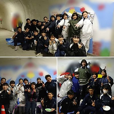 空間ペインター壁画制作：恋叶トンネル、真玉中学校