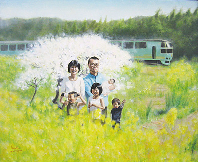 芳賀健太：オーダー絵画制作：春のご家族の記念絵画