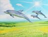 オーダーメイド絵画：草原を泳ぐイルカファミリー