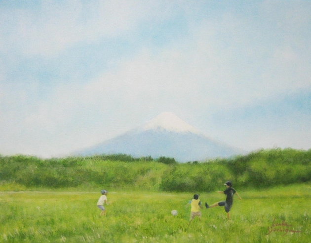 オーダー「富士山の見える風景で子供が遊んでる姿」