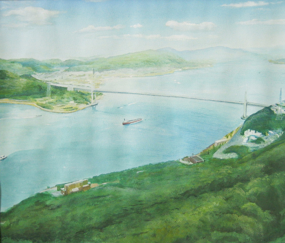 「関門海峡」をテーマに水彩で制作