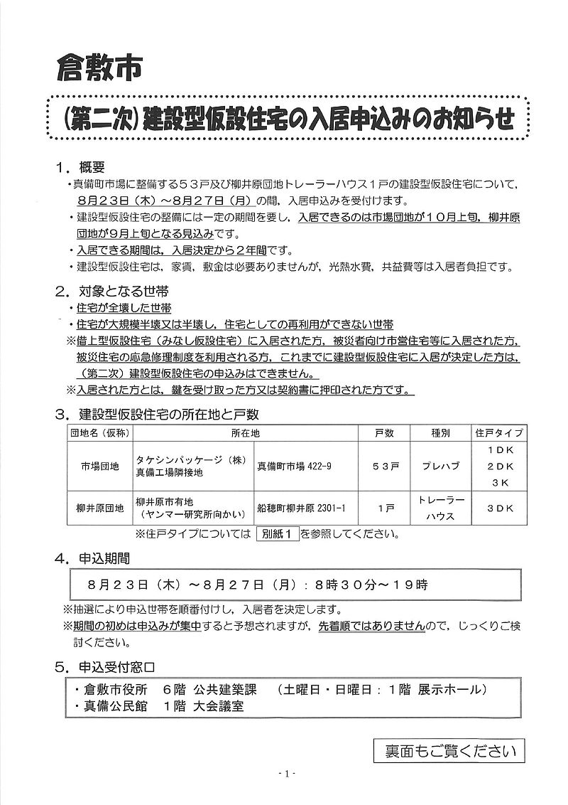 倉敷市建設型仮設住宅申し込み