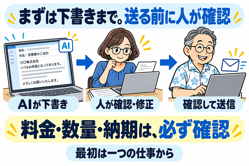 AIが下書きし、人が料金・数量・納期を確認して送信する