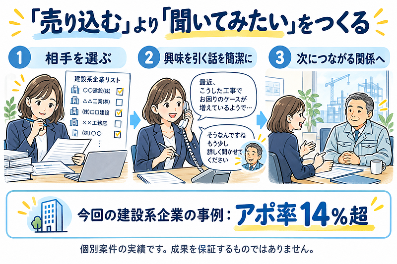 建設系企業のアポ率14％超の個別事例を解説するイメージ図