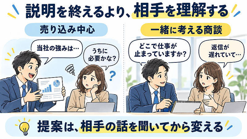 一方的な説明から相手の困りごとを一緒に考える商談へ 一方的な説明から相手の困りごとを一緒に考える商談へ