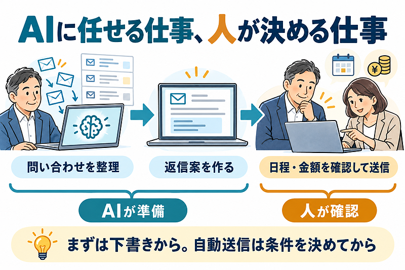 AIが問い合わせを整理して返信案を作り、人が日程や金額を確認して送信する分担の例。