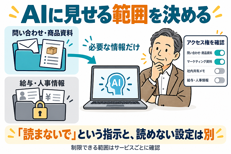 問い合わせ対応に必要な情報だけをAIに見せる考え方。図は概念図で、実際の設定画面ではありません。