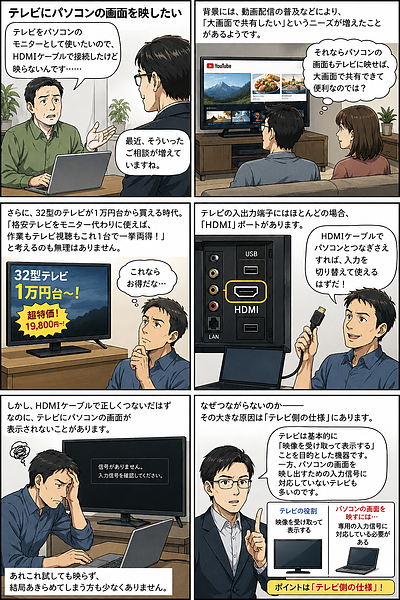 パソコン画面がテレビに映らないのはなぜ？テレビとPCモニタの特徴と違い