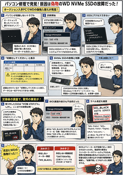パソコン修理で発覚！原因は偽物のWD NVMe SSDの故障だった！