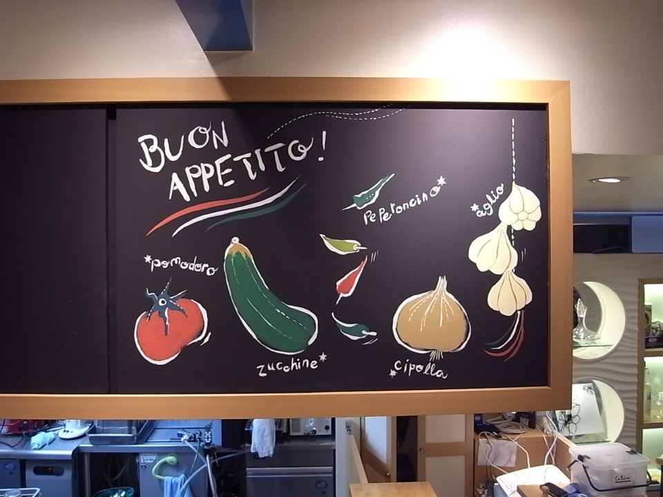 イタリアン料理店〜食材を描いた黒板アート風壁画