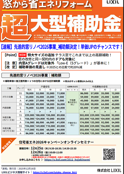 先進的窓リノベ2026事業が始まります。