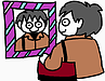 【カルタで覚える中国語フレーズ 】NO. 26. 鏡を見る  イラスト：根本　陽子