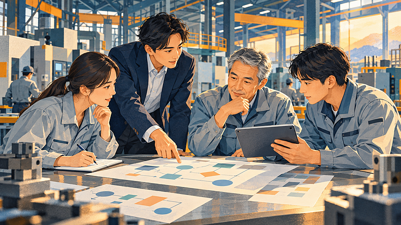 工場でベテラン社員と若手社員、コンサルタントが業務フローとタブレットを確認するイラスト 工場でベテラン社員と若手社員、コンサルタントが業務フローとタブレットを確認するイラスト