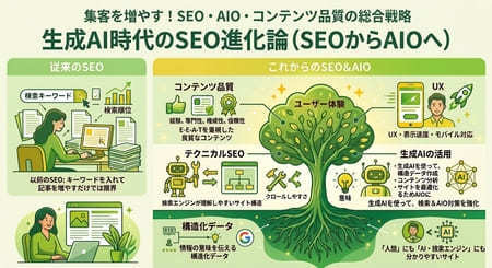 SEO対策とAIO対策(検索エンジンと生成AIの両方に伝わるWebサイト構築)の概念を表すイラスト SEO対策とAIO対策(検索エンジンと生成AIの両方に伝わるWebサイト構築)の概念を表すイラスト