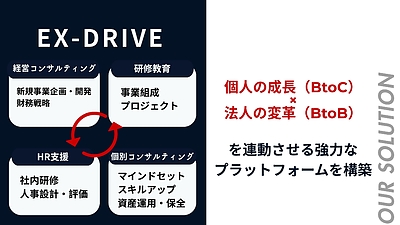 研修・教育プログラムと経営コンサルティングを組み合わせた「EX-DRIVE（エグゼ・ドライブ）」