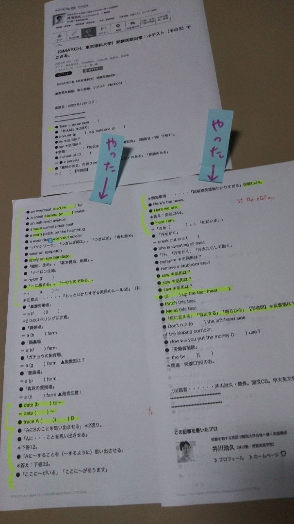 明治大学入試対策、小テスト（出題者：井川治久先生）