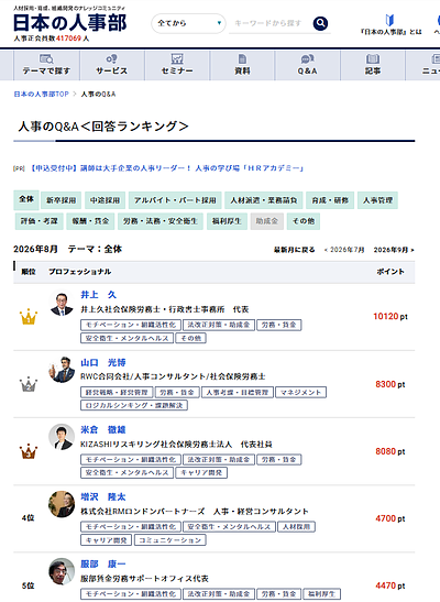 日本の人事部の回答ランキングで2026年8月も1位になりました。