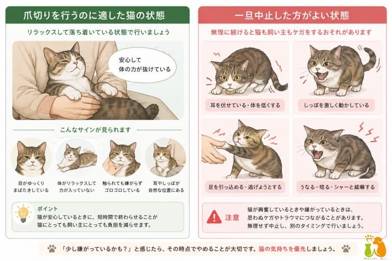 爪切りを行うのに適した猫の状態と中止した方がよい状態 爪切りを行うのに適した猫の状態と中止した方がよい状態